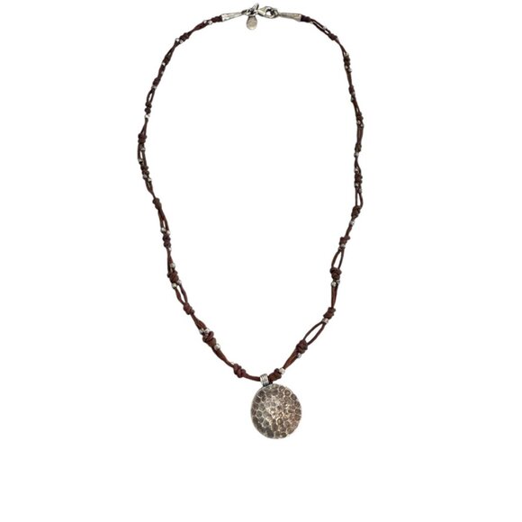 Presh designer cord sterling silver necklace dainty charm textured disc - Picture 2 of 9